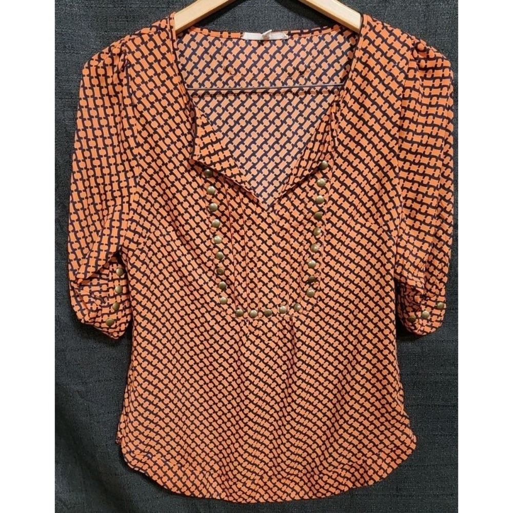 41 Hawthorn Top Womens Small Orange Blue Abstract Metal Studded Blouse Geometric